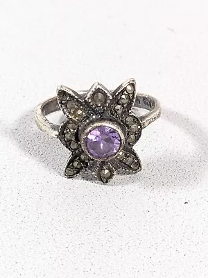 Sterling Silver 925 Purple Round CZ Marcasite Starburst Ring Size 8 • $13.99