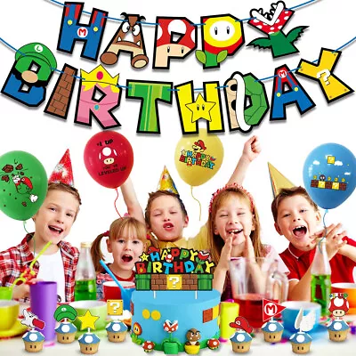 Super Mario Children's Birthday Party Decoration Set Balloon Banner Cake Topper • £5