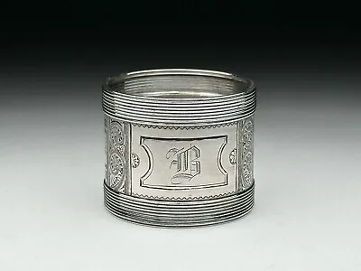 19th C. French GUILLOCHE ENGRAVED STERLING SILVER NAPKIN RING  B  Monogram • $55