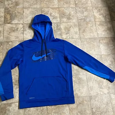 Nike Therma Fit Blue PullOver Mesh Hood Hoodie Swoosh Sweatshirt Mens Medium • $18