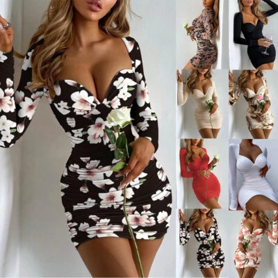 $19.69 • Buy ️Sexy Womens V Neck Bodycon Mini Dress Ladies Evening Party Long Sleeve Dresses