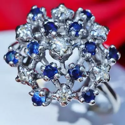 14k White Gold Ring 0.88ct Diamond Ceylon Sapphire Size 6.5 Antique 5.85g N2967A • $1485