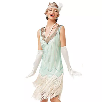 Vintage Ladies 1920'S Flapper Fringed Sequins Great Gatsby Prom Cocktail Dress • $40.99