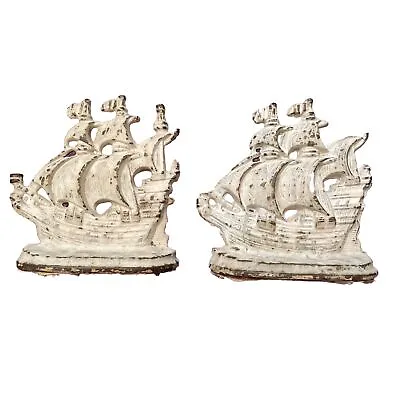 Antique Ship Distressed Cast Iron Bookends Spanish Sailing Ship White Paint • $38.88