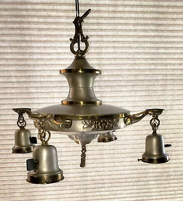 Vintage Art Deco Brass Pan Light Chandelier & Canopy... Individual Switches • $37