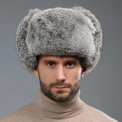 Gen Uine Hat Rabbit Fur Earflap Ski Trapper Cap Ushanka Russia Winter Real Mens • £17.87