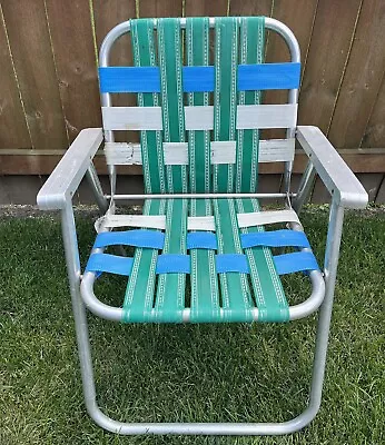 Vintage Aluminum Folding Lawn Chair With Arm Rest Nylon Webbing Green Blue Teal • $18.20