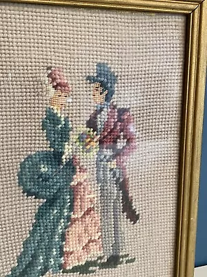 Vintage Framed Needlepoint Picture Handmade Romantic Victorian Couple 8x10” • $17