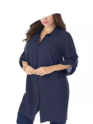 New Roamans Navy Blue Tess Crinkle Longline Top Shirt - Plus Size 16 26 30 32 • £14.99