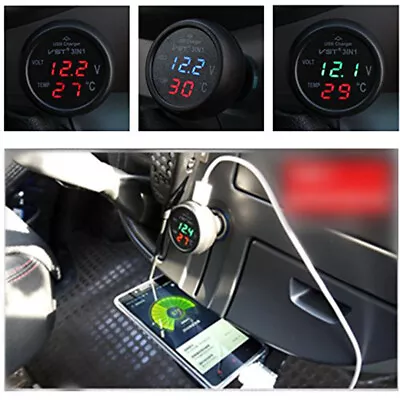 3 In 1 Car Voltmeter Thermometer 12V 24V Multifunctional Adapter (Red Green) • £6.95