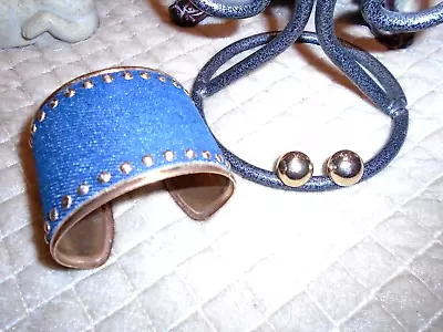 Vintage Denim-blue/goldtone Dot Wide Cuff Style Bracelet/earrings Set-nice • $2.99