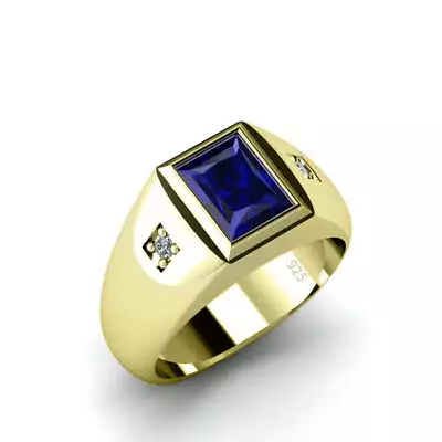 Men's Sapphire Ring With 0.06ct Genuine Diamonds In Gold-Plated Silver Wedding J • $249.90