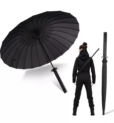 Japanese Anime Windproof Umbrella Black Straight 24 Rib Ninja Katana Sword Handl • £26.99