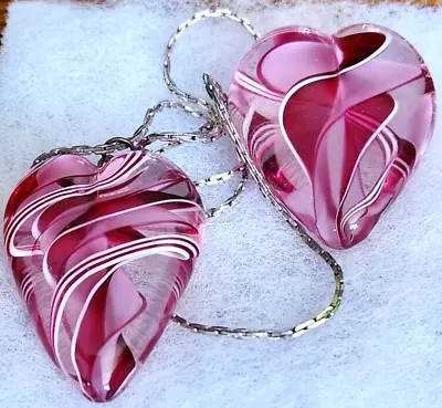 Steven Maslach Set Pink Glass Spiral Hearts- Pendant W/Ster. Chain & Paperweight • $195