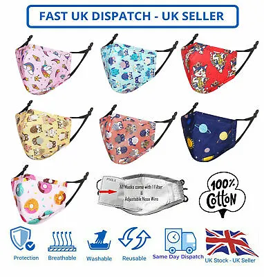 Children Kids Face Mask Mouth Protection Cover Washable Reusable Printed Unisex • £3.49