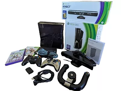 XBOX 360 Slim 250GB Console 10 GAME Kinect 2 Controllers 2 Games Speed Wheel🔥 • $49.99