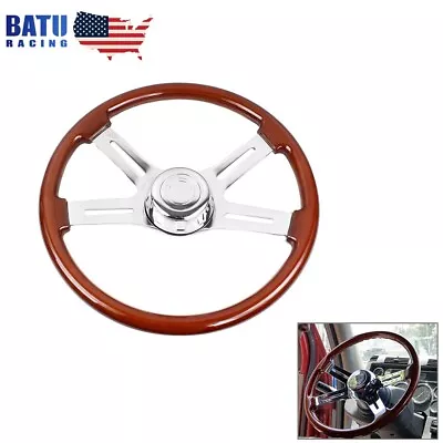 18  Wood Steering Wheel Chrome 4 Spoke For Freightliner/Kenworth/Peterbilt/Volvo • $124.88