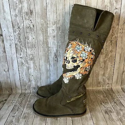 Ed Hardy Green Suede Flaming Skull Women's Black Fur Lined Boots SIZE 8 Y2K Stud • $79