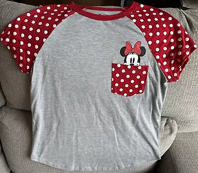 Disney Women’s Minnie Mouse T Shirt Size Large Red/white Polka Dot Sleeve • $10