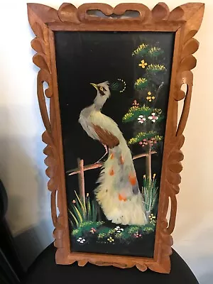 Vintage Folk Art Mexican Feathercraft Peacock Wall Hanging Craved Frame • $14