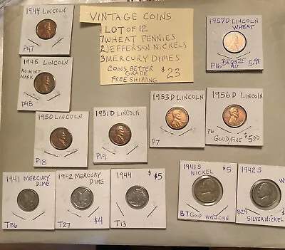 Vintage Mix Coin Lot Of 12- Pennies Dimes & Nickels- Good Condition • $20