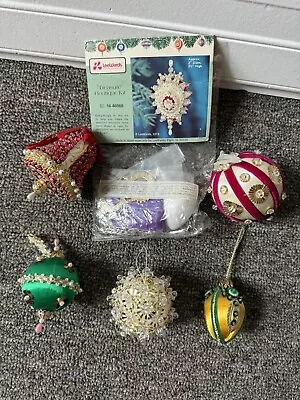 Vintage Lot 5 + Kit Ornaments Push Pin Beads Christmas Ball Sequins Red Gold MCM • $38.50