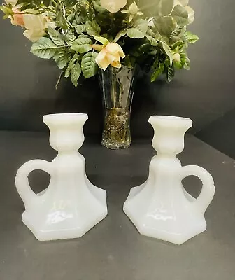 VTG Milk Glass White Paneled Handled Candlestick Pair Taper Candle Holders • $25