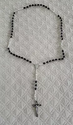 Vintage Catholic My Rosary Silver Chain Black Beads Crucifix W/ Pouch Made Italy • $14.99