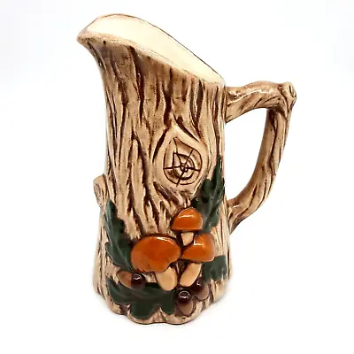 VTG Holland Mold MCM Mushroom Woodgrain Pitcher Vase Orange Brown Acorns USA 7  • $22