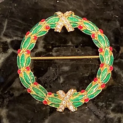 Christmas Wreath Clear Crystal VNTG  MMA FBS FABERGE 24K EP Gold 1.5  Pin Brooch • $59.95