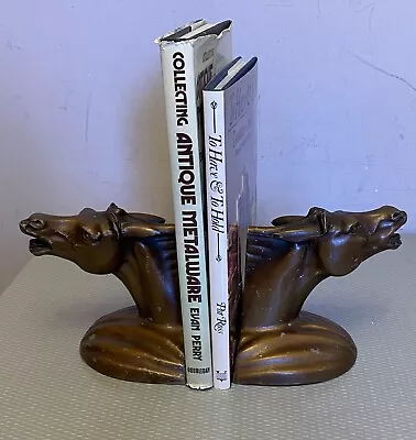 MCM Vintage HORSE HEAD BOOKEND PAIR Bronze Finish Pot Metal 5  Stylized Stallion • $29.95