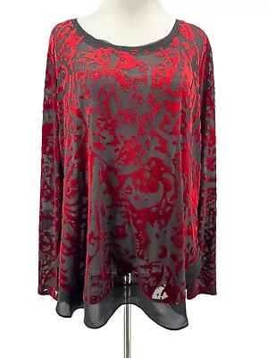 Simply Vera Vera Wang Women's Red Black Velvet Sheer Long Sleeve Blouse Large • $12.75