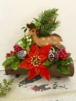 Vtg Christmas Retro Kitschy Yule Log Centerpiece Table Mantle Flocked Deer Decor • $25.65