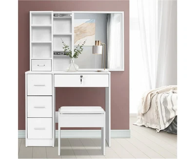 $211.99 • Buy Dressing Table Stool Set Slide Mirror Makeup Desk Hidden Storage White