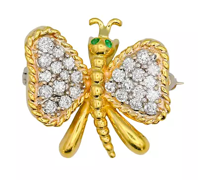 Vintage Brilliant Diamond Emerald Butterlfly Pin Brooch 18k Yellow White Gold • $3.25