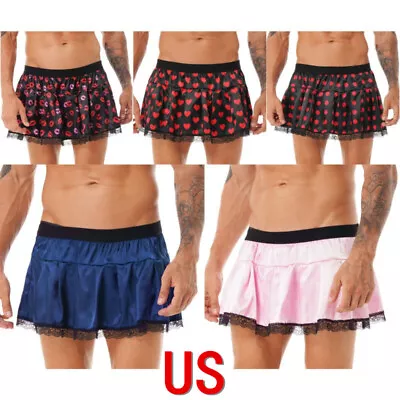 US Mens Sissy Pajama Skirts Satin Frilly Ruffled Lace Trim Mini Skirts Sleepwear • $6.12