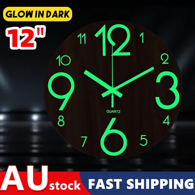 12 Inch Silent Glow In Dark Wall Clock Luminous Non Ticking Quartz Wooden Modern • $18.85