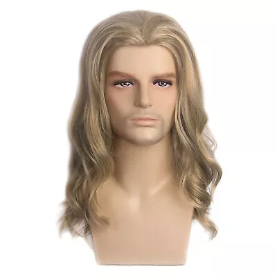 Men Long Curly Wave Wigs Male Cosplay Hair Ombre Ash Blonde Costume Toupee W/Cap • £14.26