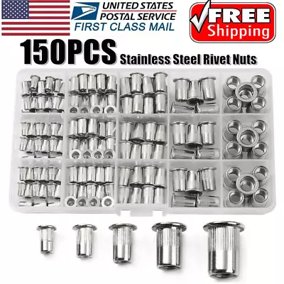 150Pcs Rivet Nuts Stainless Steel Threaded Insert Nut Nutsert Rivnuts Flat Head • $16.12