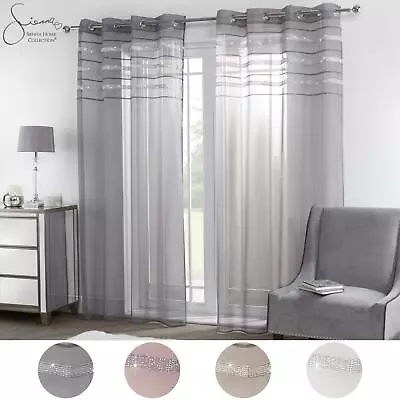 £13.99 • Buy Sienna Pair Of 2 Diamante Glitzy Voile Net Curtains Eyelet Ring Top Blush Grey