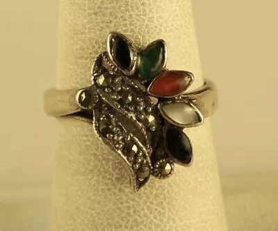 Vintage Sterling Signed 925 Inlaid Multi Stone Marcasite Modern Art Deco Ring 7 • $40