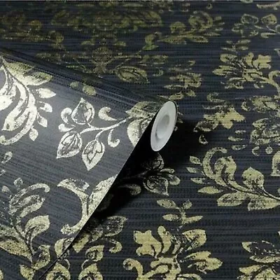 Charcoal Black Gold Wallpaper Arthouse Kyasha Foil Metallic Damask Vinyl 293400 • £7.95