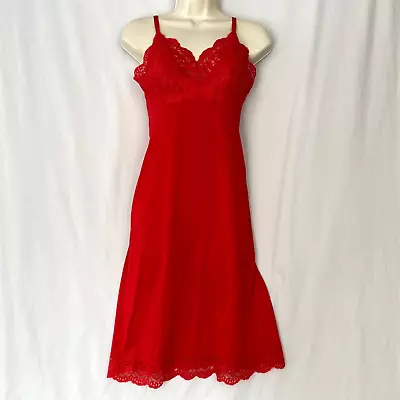 Vtg Vassarette Munsingwear Nightie Slip Women 32 Red Lace Satin Sheer Antron USA • $24.99