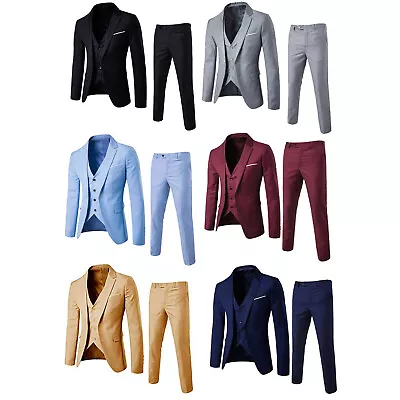 Men's Slim Fit Suit 3-Piece Blazer Dress Wedding Party Jacket Vest & Pants Suits • $35.87