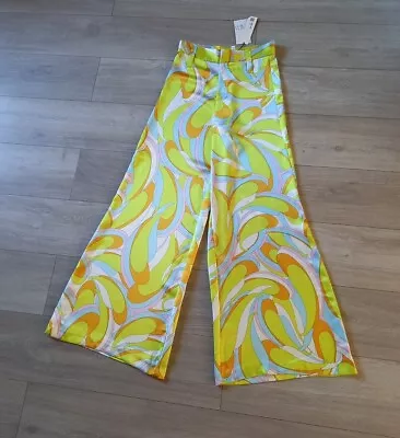 Zara Lime Psychedelic Silky High Waist Trousers Wide Leg Boho Hippie S 28Wx32L • £24.99