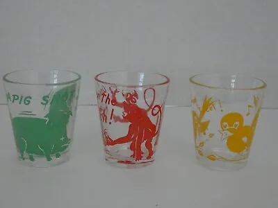 3 Vintage 50s Hazel Atlas Dancing Pig Drinking Monkey Tweeting Bird Shot Glasses • $24.95