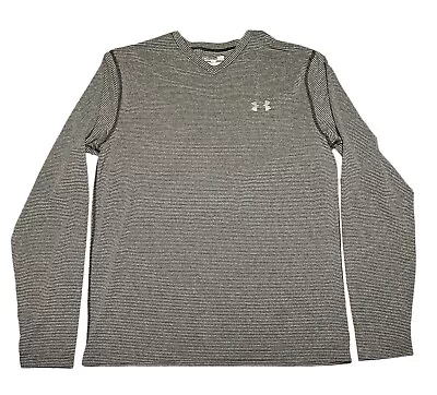 Men Under Armour Coldgear Fitted Athletic V-Neck Shirt Size L Large Gray Striped • $14