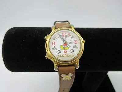 Vintage Lorus Musical Mickey Mouse Watch Brown Leather Band FOR PARTS OR REPAIR • $8.49