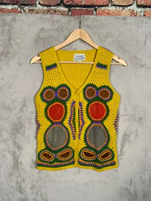 Aware Vintage Knit Vest Womens Large Patches & Leather Yellow Read • $20