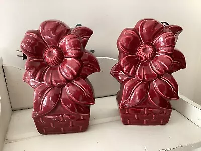 Vintage McCoy TV Bedside Lamps Sunflower Burgundy GVC Pair  • $75